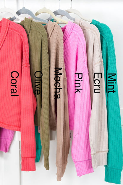 Plus/Reg Ribbed Knit Long Sleeve V-Neck Top with Reverse Seam Detail