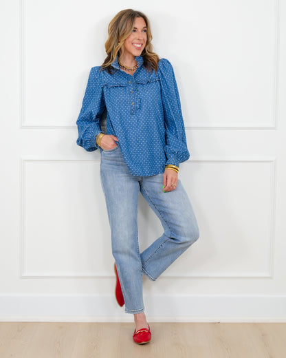 Polka Dot Dark Wash Long Sleeve Top
