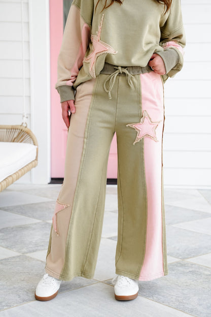 Mineral Wash Color Block Elastic Waist Pants with Star Patch Detail