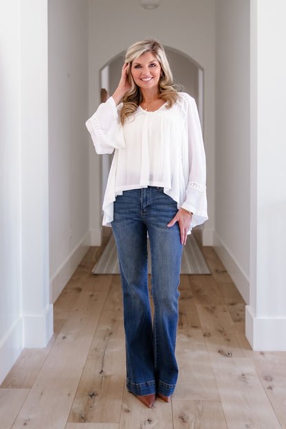 POL Solid Long Sleeve V Neck Ruffle Blouse