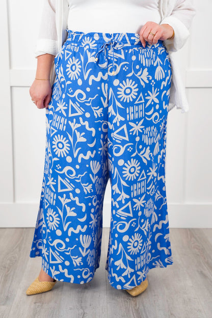 Plus/Reg Tropical Print Elastic Waist Wide Leg Pants