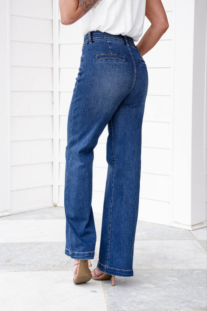 Risen Material Girl High Rise Medium Wash Tummy Control Double Button Elastic Waistband Jeans