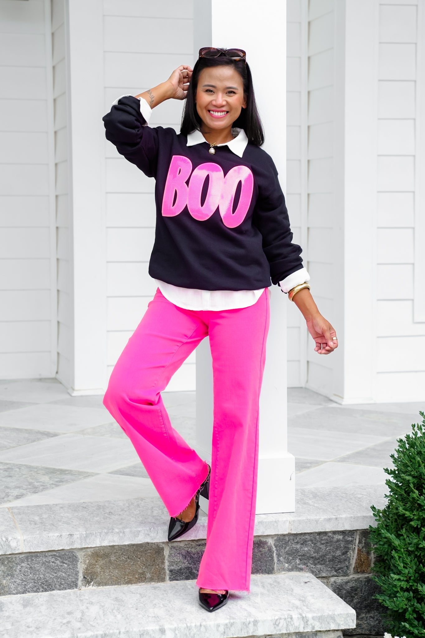 Plus/Reg Black Long Sleeve "Boo" Graphic Sweatshirt