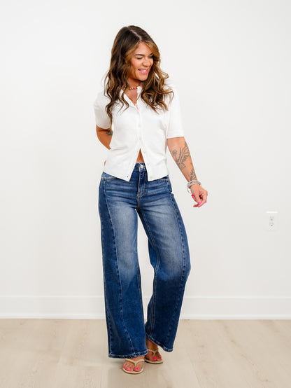 Restock! Risen The Willow Multi Inseam Dark Wash Wide Leg Seam Front Jeans