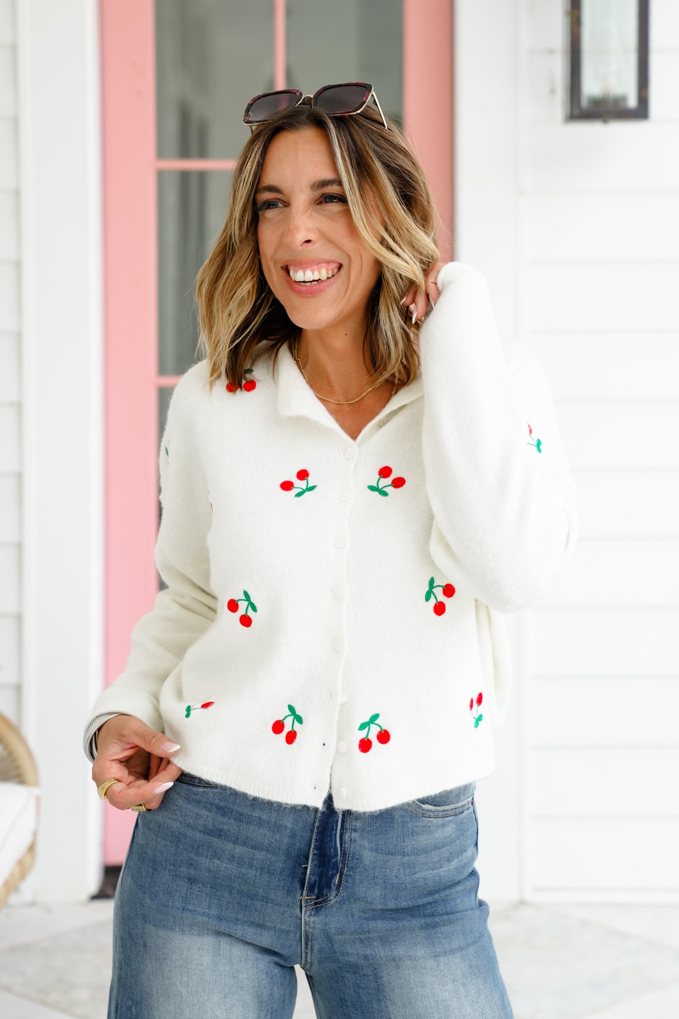 Embroidered Cherry Long Sleeve Cardigan