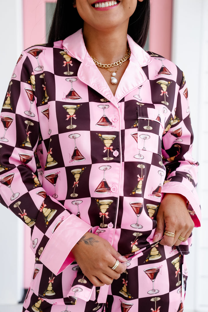 Martini Print Satin Long Sleeve Button Down Pajama Top