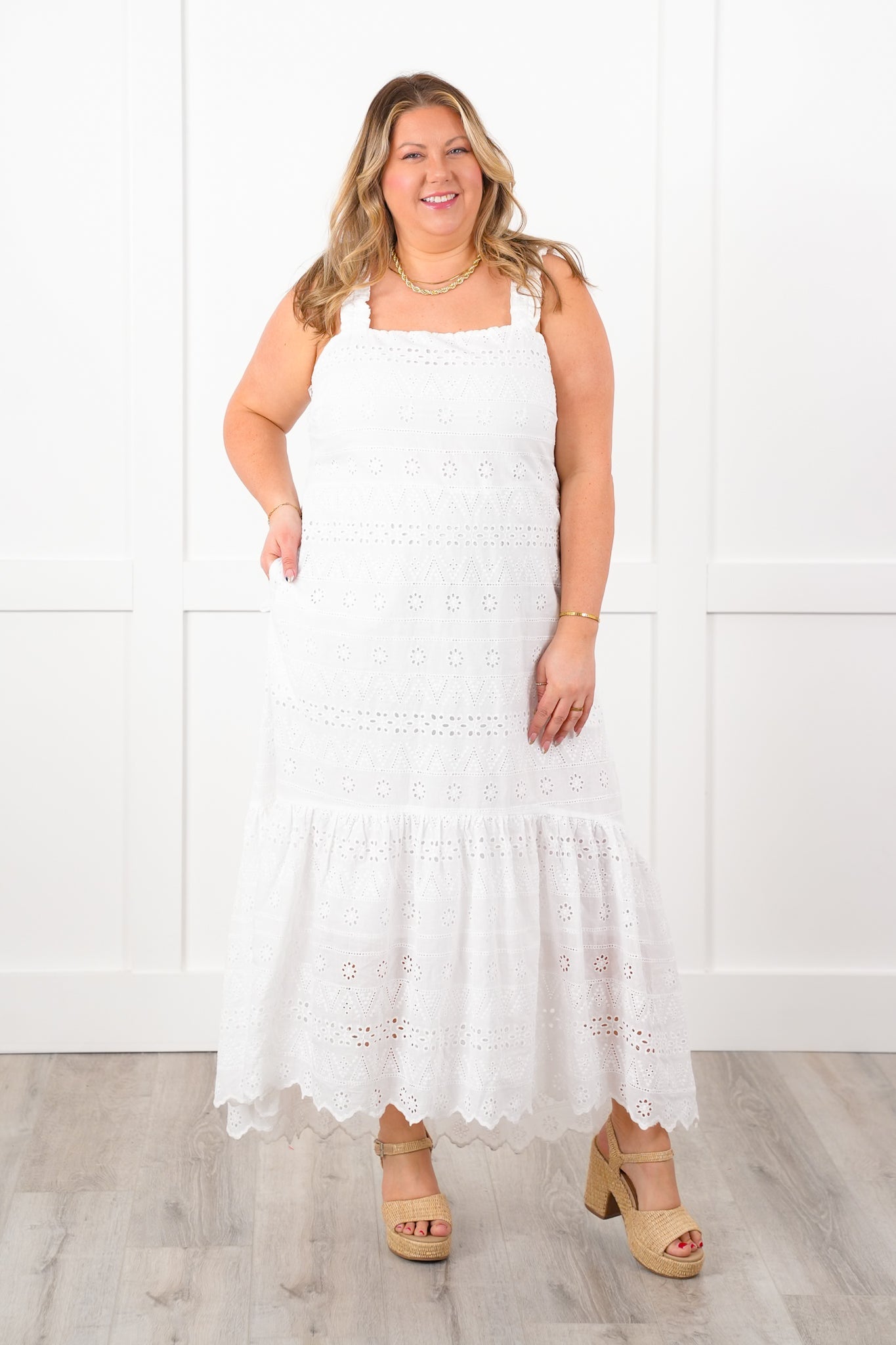 Plus/Reg Sleeveless White Eyelet Scalloped Hem Dress