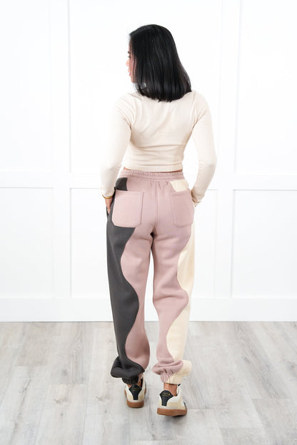 Plus/Reg Wavy Color Block Elastic Waist Sweatpants
