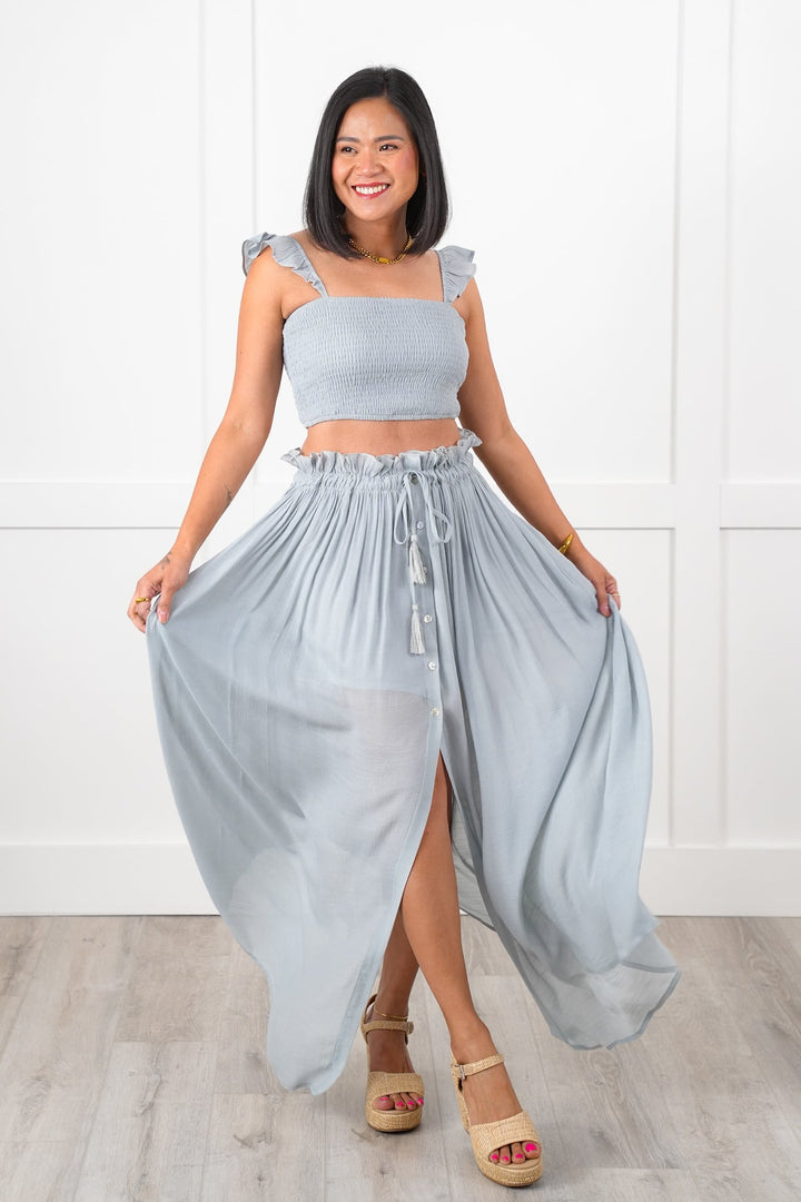 Sleeveless Smocked Crop Top with Flowy Elastic Waistband Maxi Skirt Set