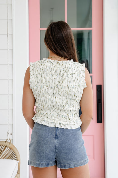 Floral Sleeveless V Neck Smocked Top