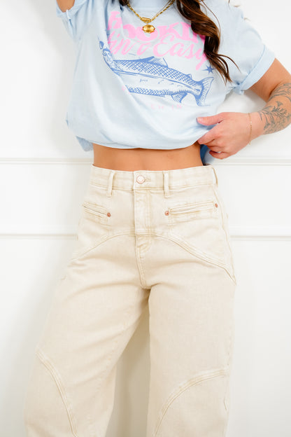 Saige High Rise Beige Tummy Control Barrel Jeans with Elastic Waistband