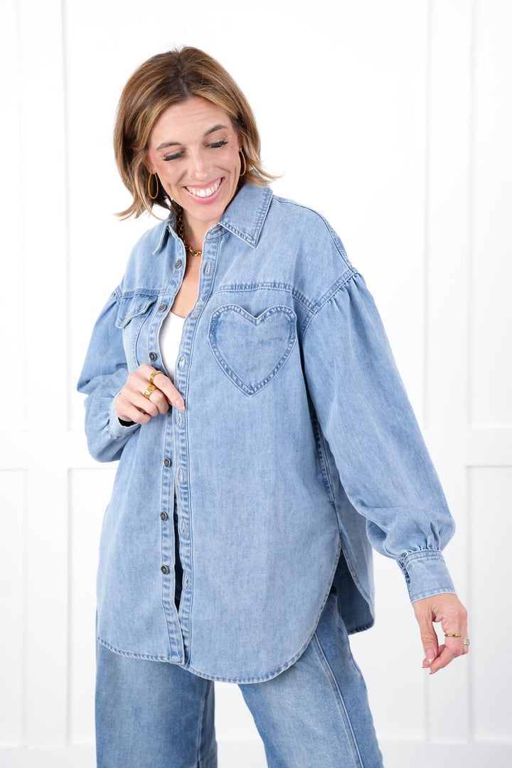 Restock! Denim Long Sleeve Button Down Shacket with Heart Pocket Detail