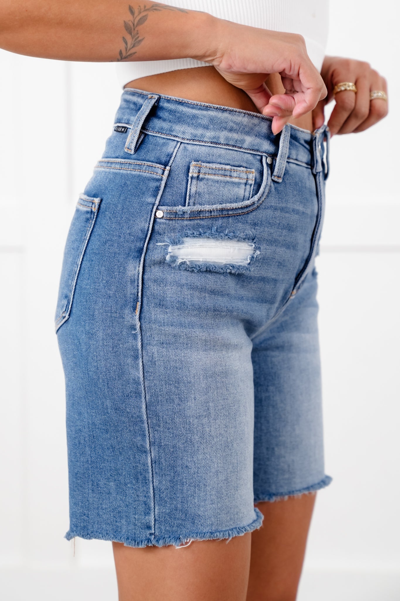 Risen Medium Wash Tummy Control Loose Fit Mid Length Shorts