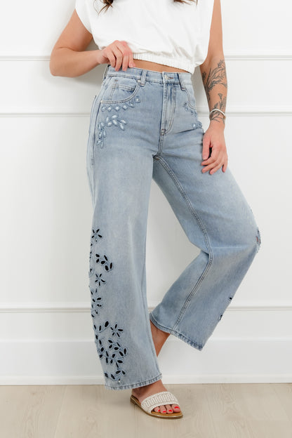 Saige High Rise Light Wash Tummy Control Barrel Jeans with Embroidery