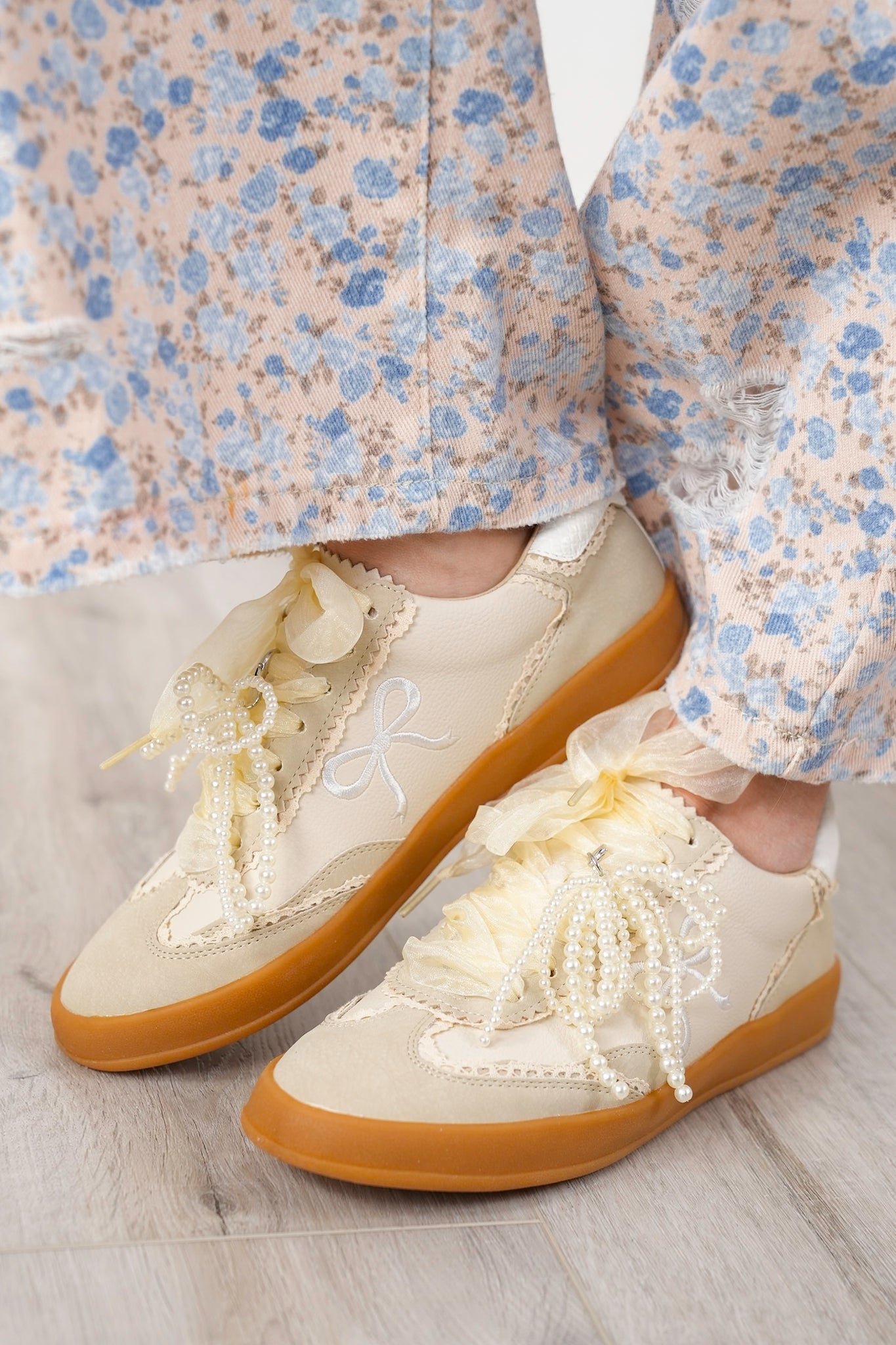 Pearl and Bow Detailing Sneakers with Lace Accents