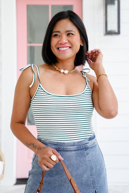 Stripe Sleeveless Shoulder Tie Bodysuit