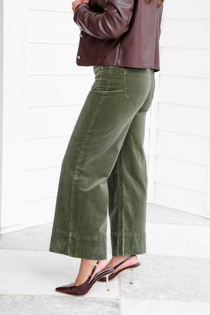 Risen High Rise Green Wide Leg Corduroy Pants with Patch Pockets
