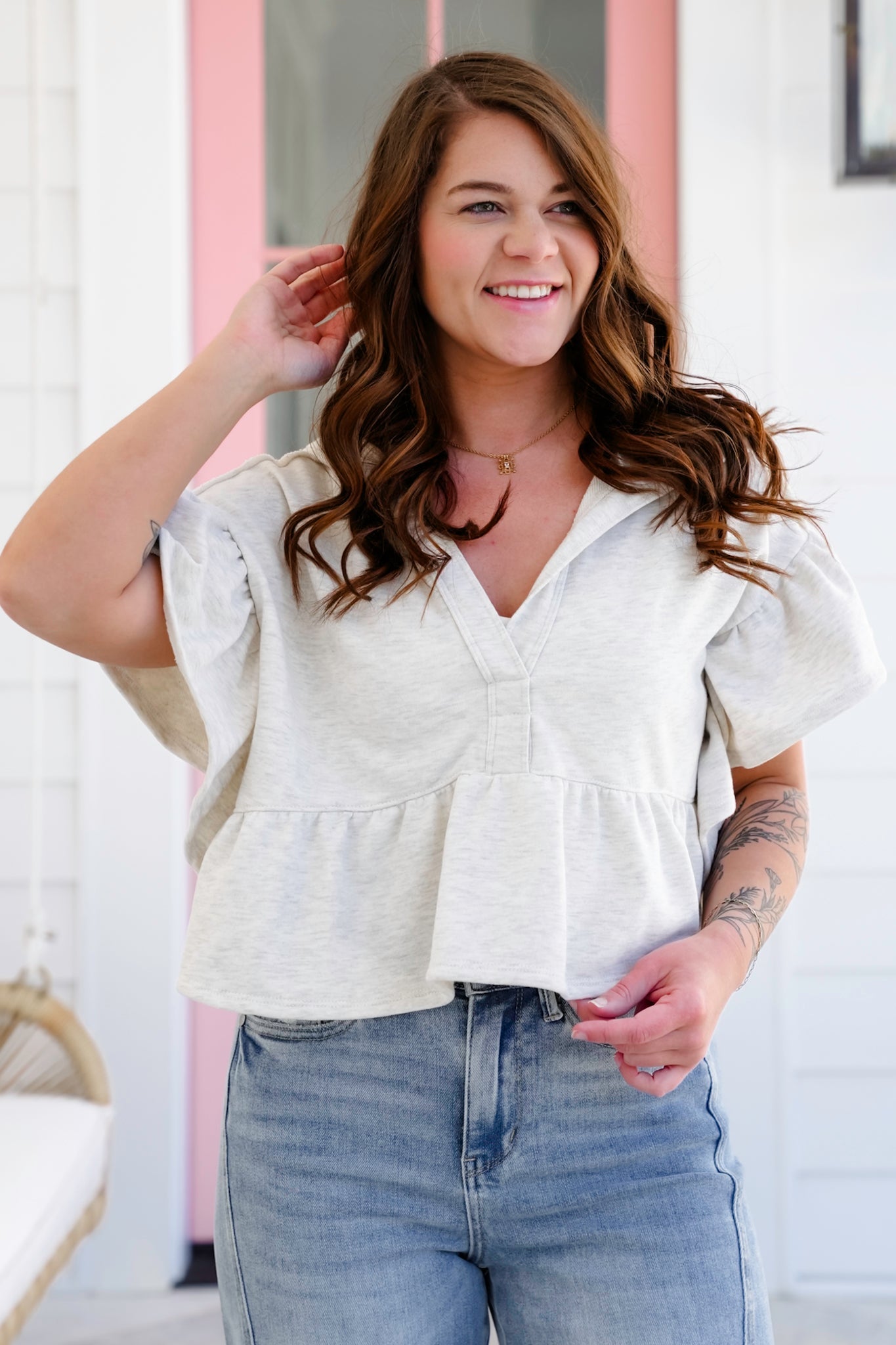 Short Ruffle Sleeve Hooded Cropped Top