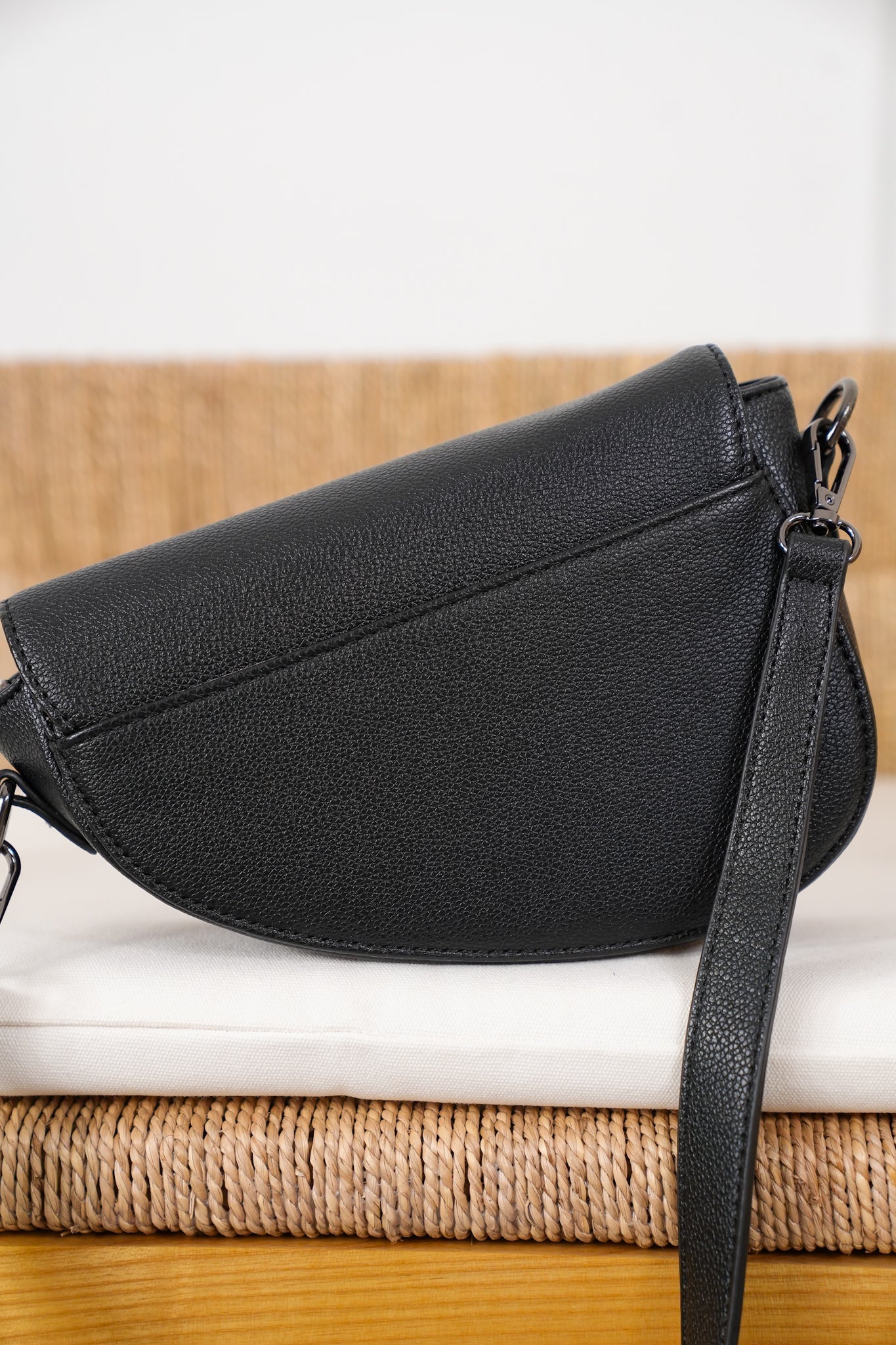 Black Vegan Leather Asymmetrical Saddle Bag