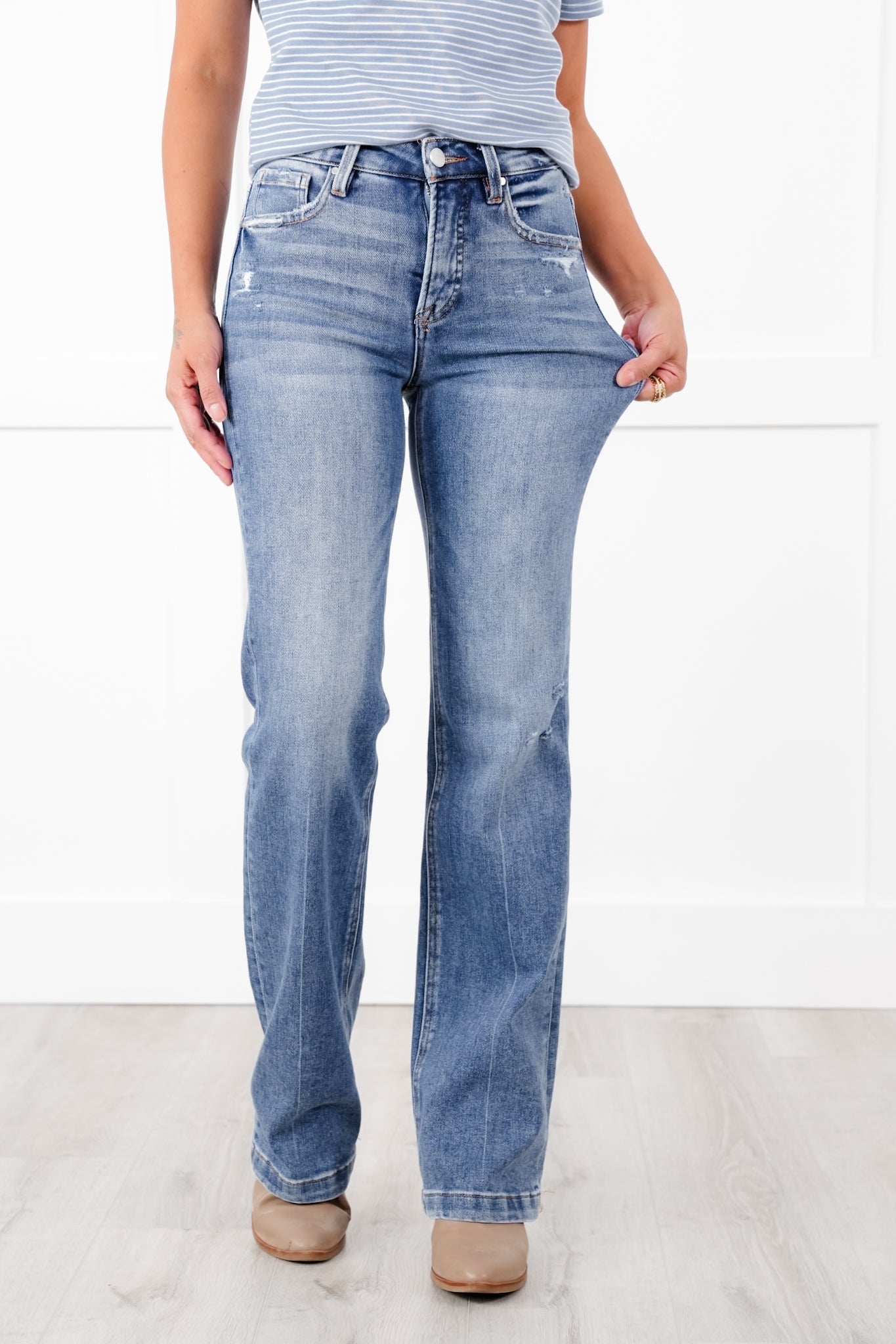 Risen High Rise Medium Wash Tummy Control Straight Leg Jeans