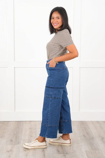 Special A High Rise Dark Wash Cropped Wide Leg Jeans with Extra Large Pockets