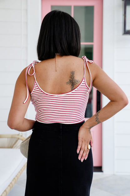 Stripe Sleeveless Shoulder Tie Bodysuit