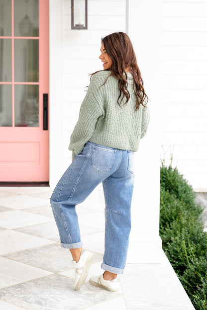 Risen High Rise Medium Wash Boyfriend Cuffed Barrel Jeans