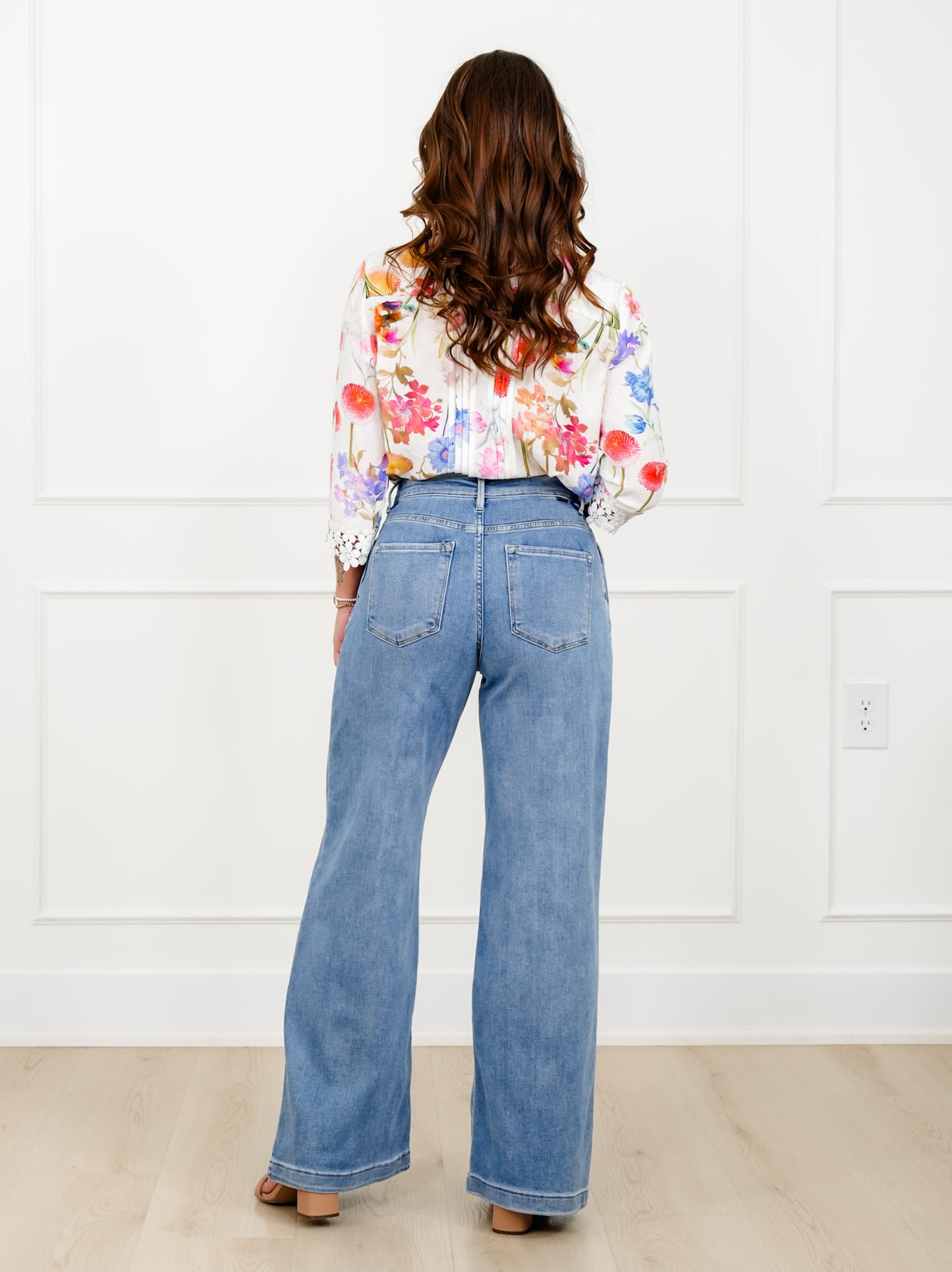Risen Mid Rise Medium Wash Relaxed Waist Wide Leg Jeans
