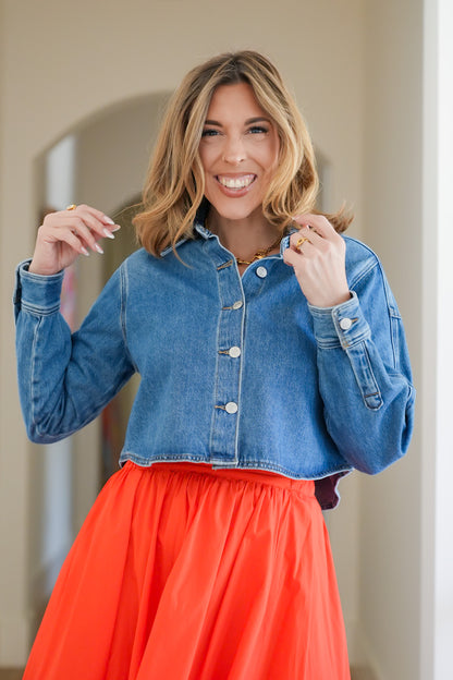 Medium Wash Long Sleeve Button Down Cropped Jacket