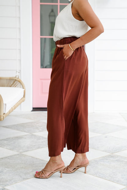 Solid Woven Elastic High Waist Wide Leg Pants