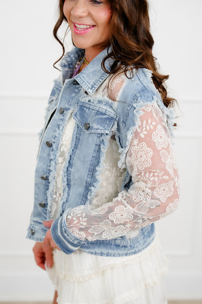 Medium Wash Long Sleeve Button Down Jacket with Lace Detail