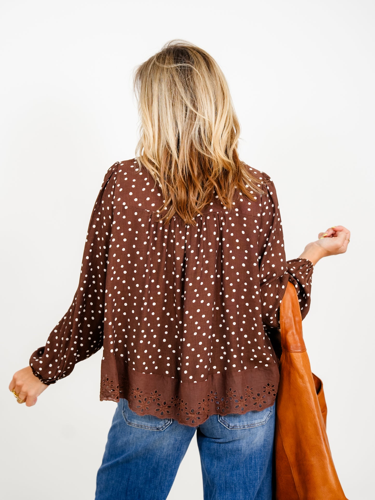 Polka Dot Long sleeve Button Down Top with Eyelet Trim - Freckled Poppy