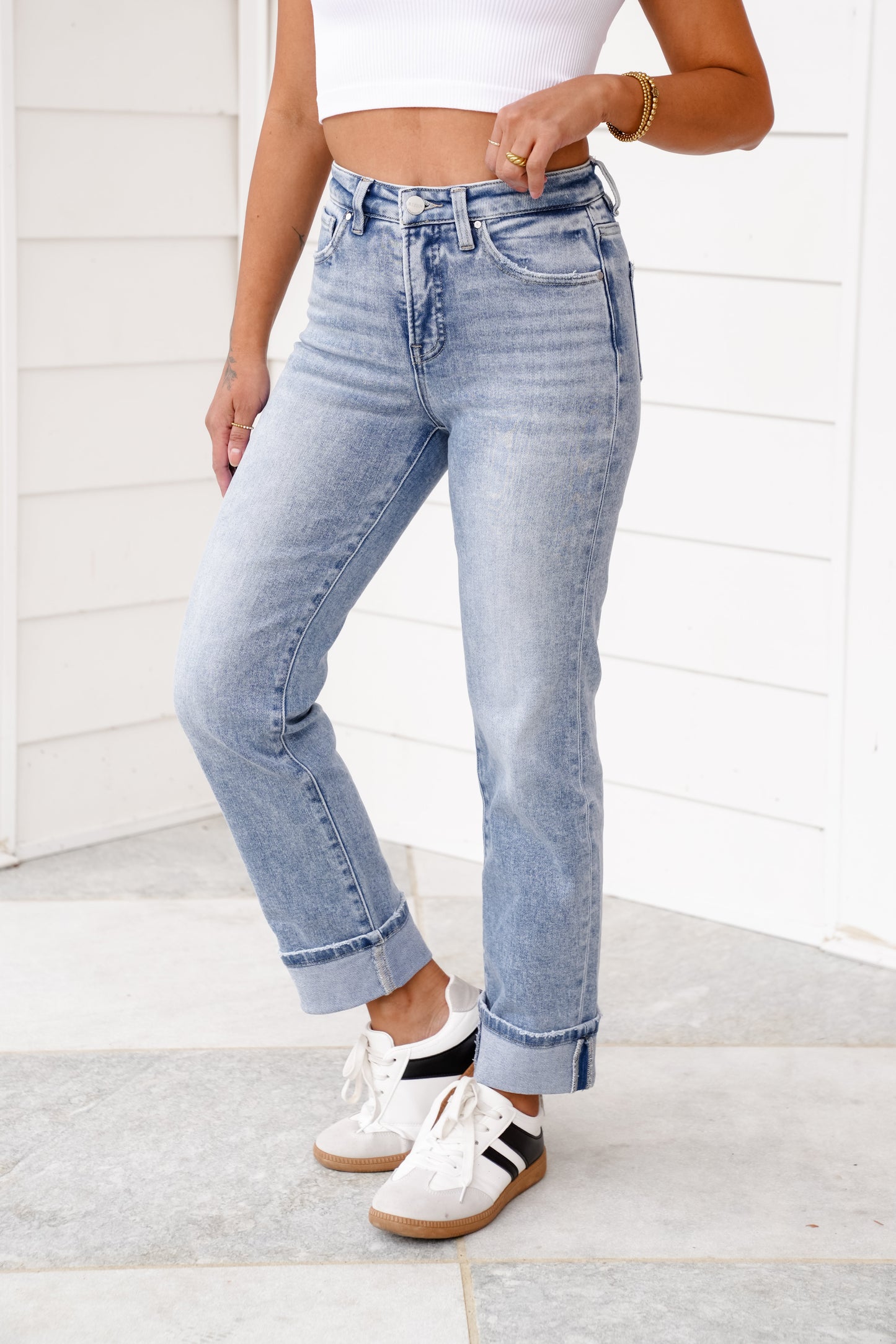Risen High Rise Light Wash Tummy Control Straight Leg Cuffed Jeans