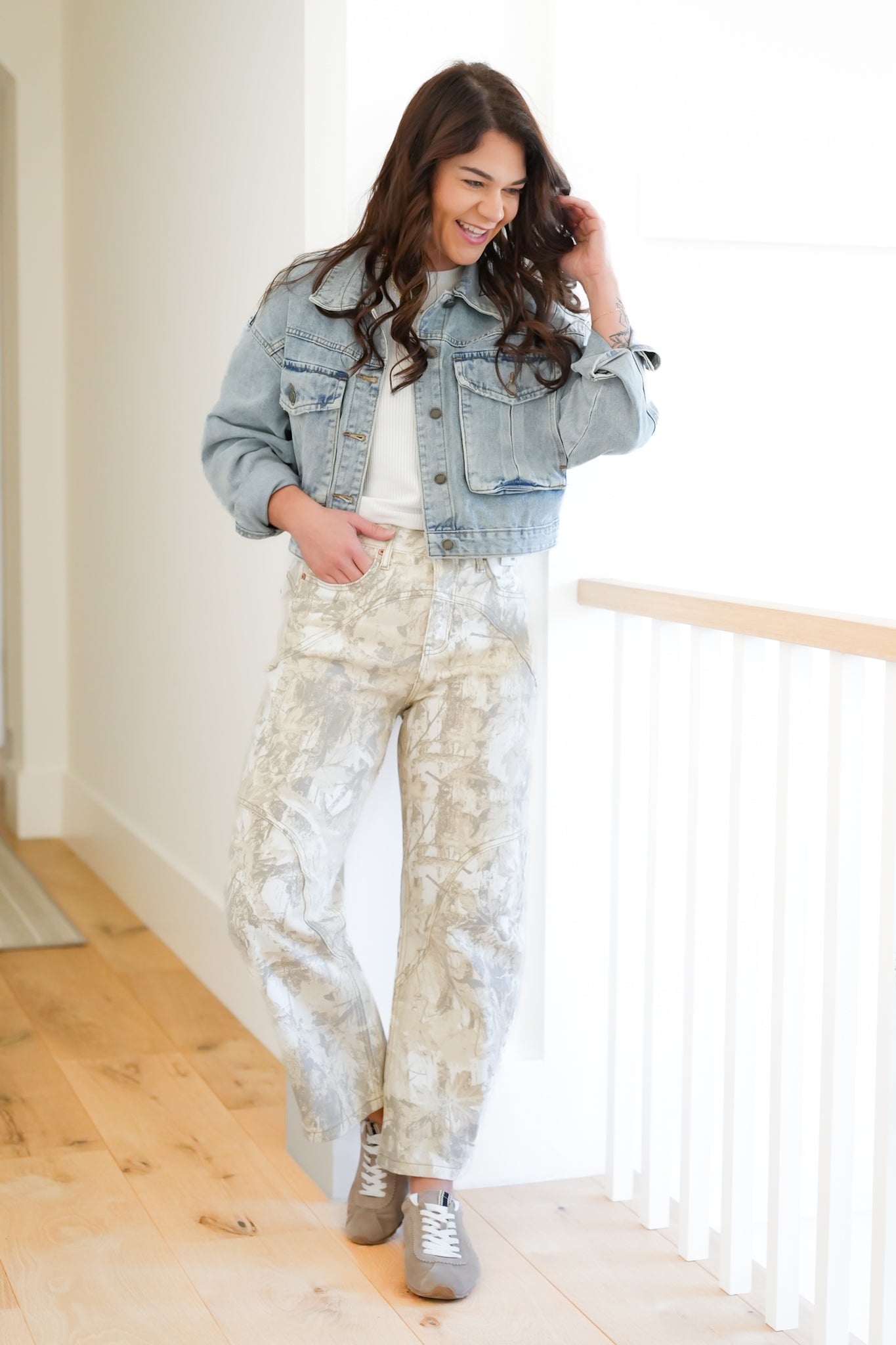 Saige High Rise Sand Tummy Control Barrel Camo Jeans