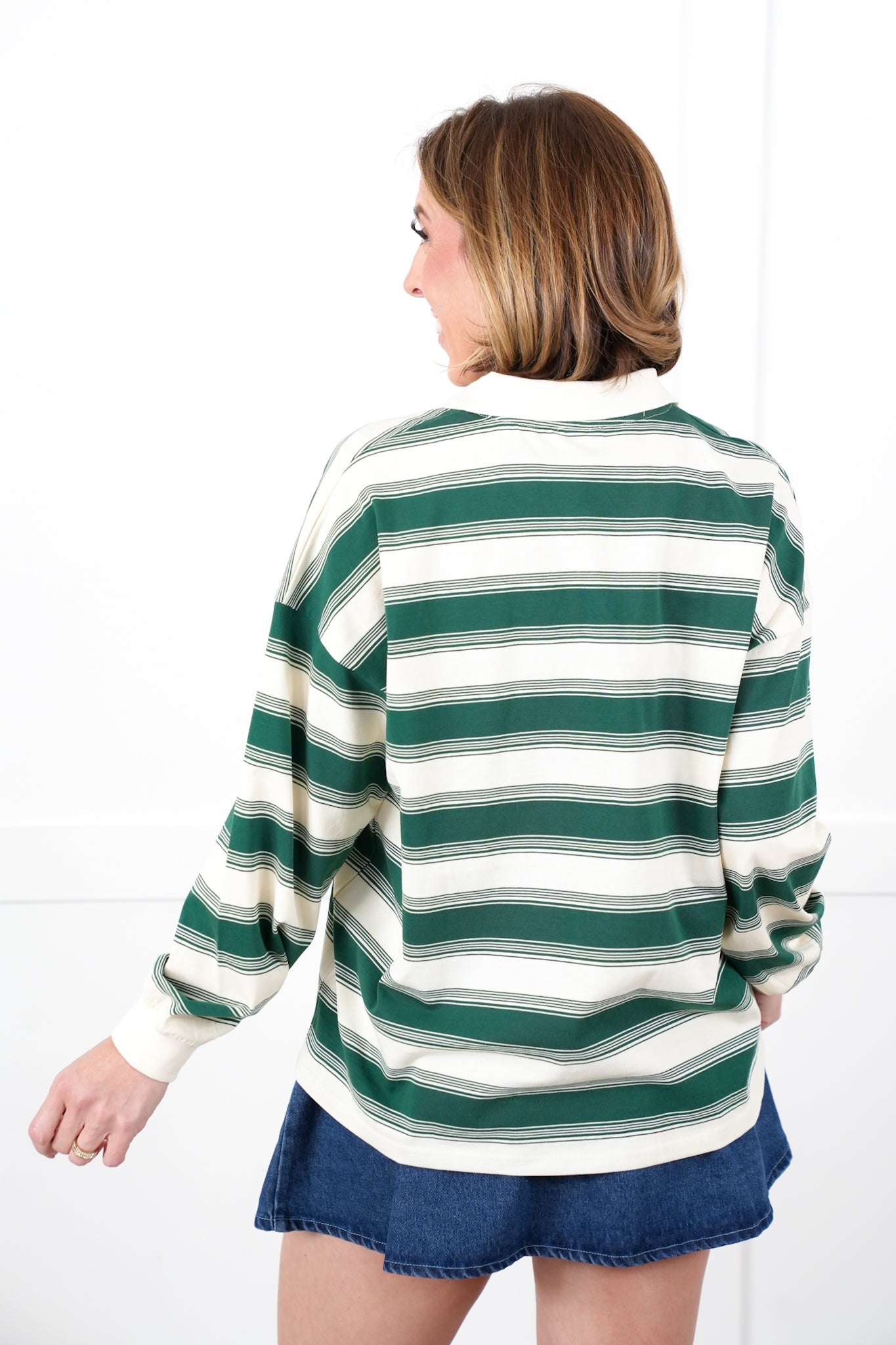 Stripe Long Sleeve Button Up Polo Top