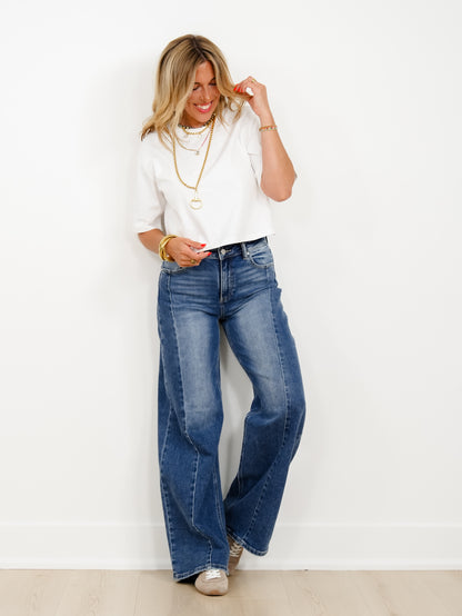 Restock! Risen The Willow Multi Inseam Dark Wash Wide Leg Seam Front Jeans