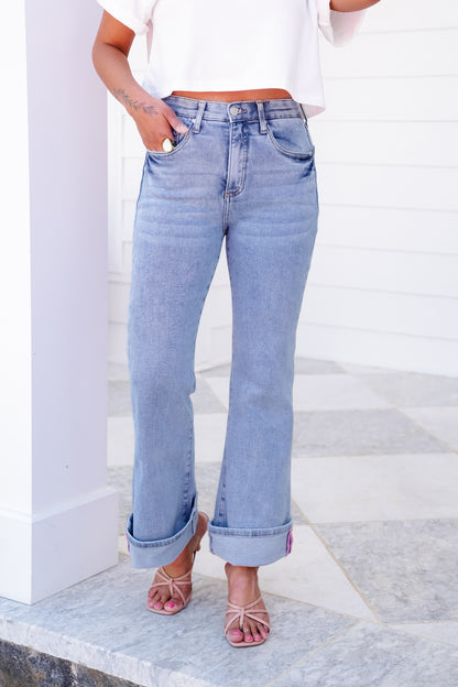 Saige High Rise Light Wash Cuffed Kick Flare Jeans