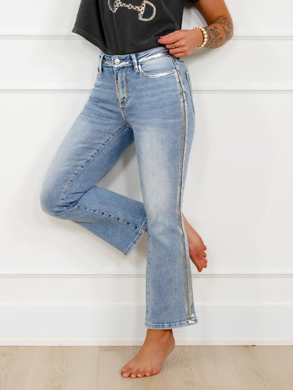 Judy Blue Mid Rise Light Wash Kick Flare Jeans with Foiled Seams