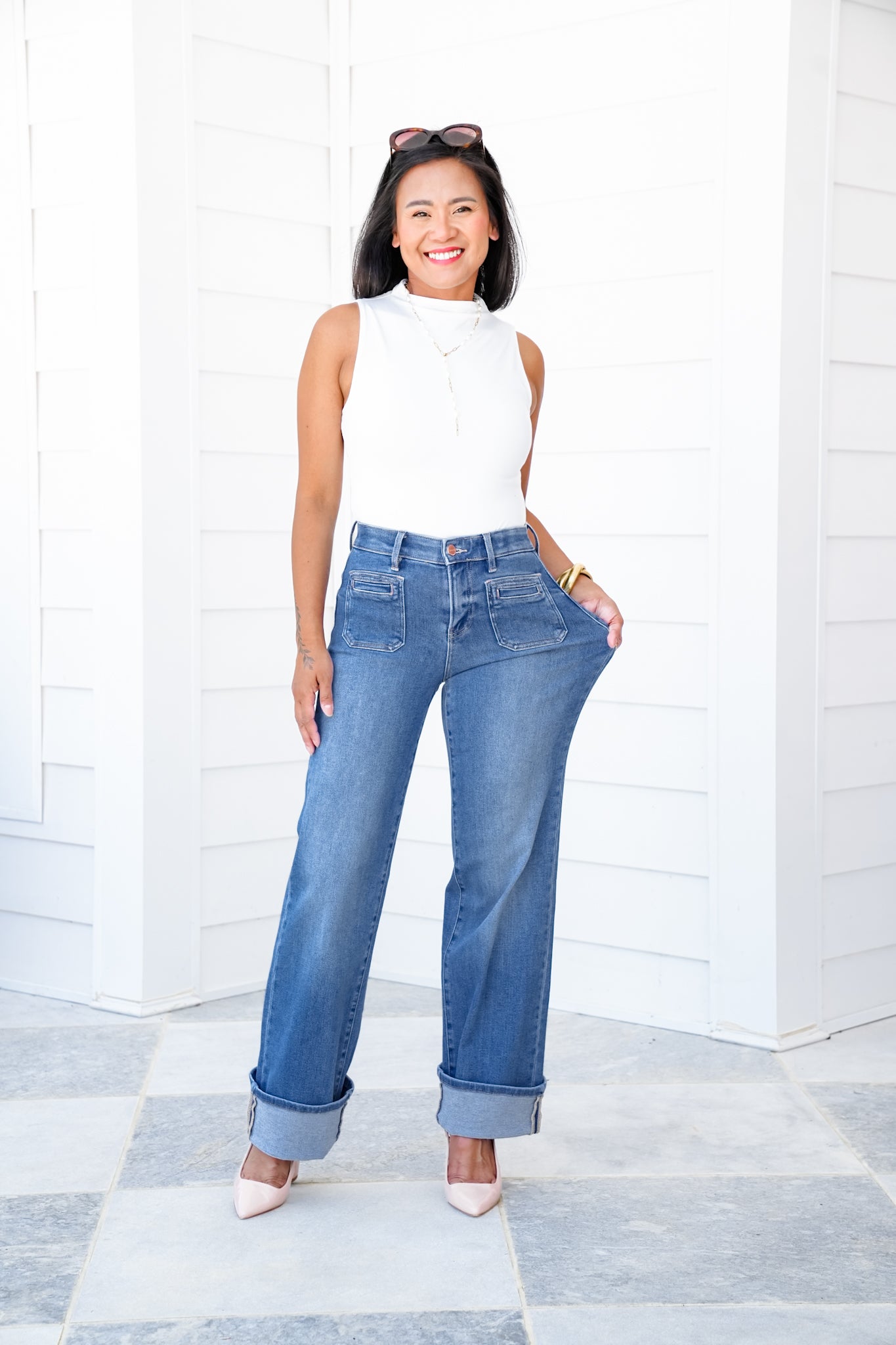 Risen High Rise Medium Wash Wide Leg Cuffed Front Patch Pocket Jeans with Elastic Waistband