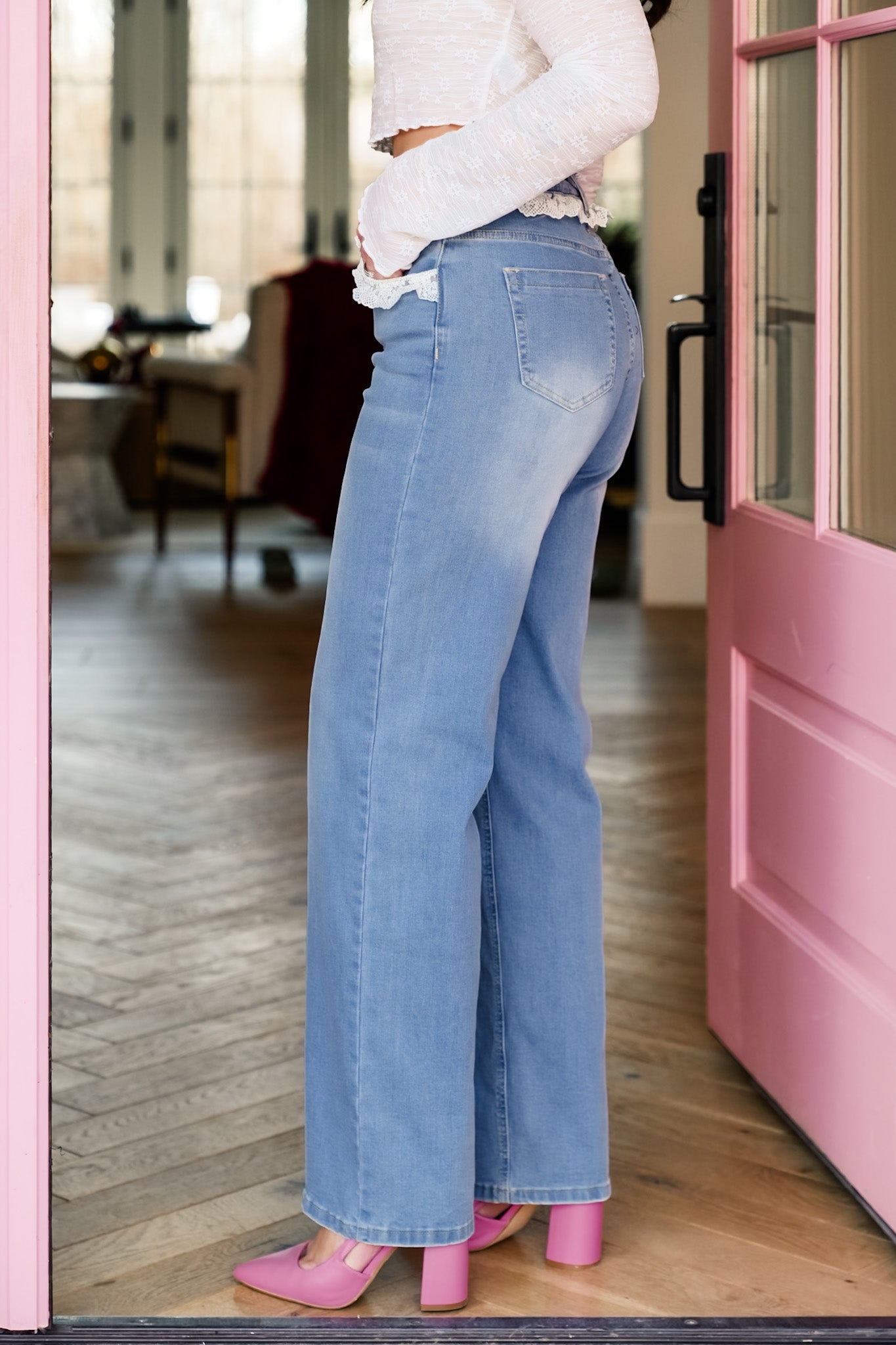 Lace Trim High Waist Straight Leg Jeans