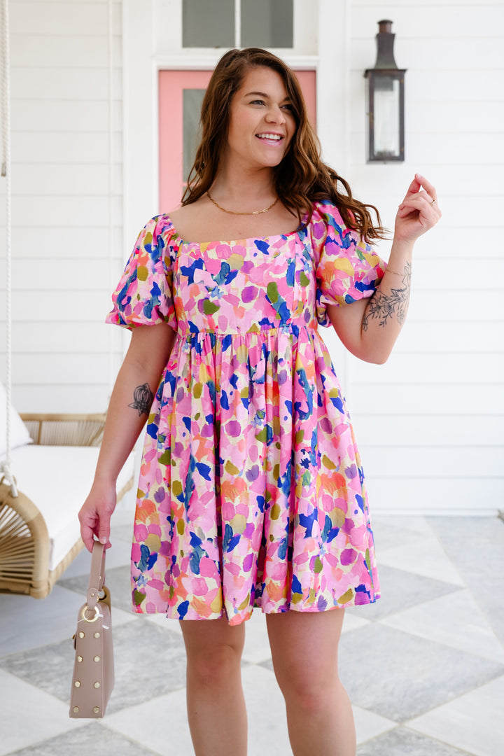 Abstract Floral Short Balloon Sleeve Dress