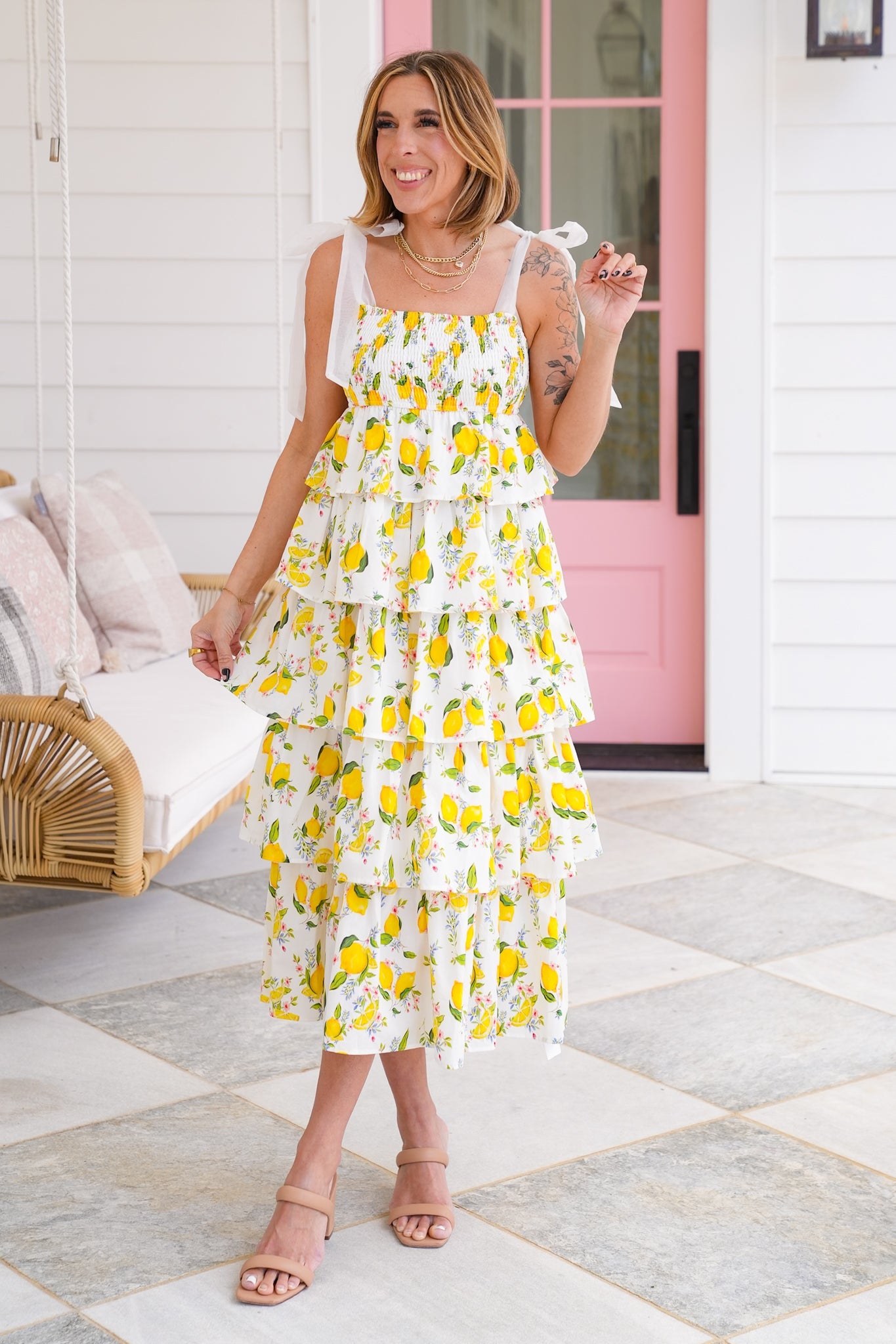 Lemon Print Sleeveless Smocked Tiered Midi Dress