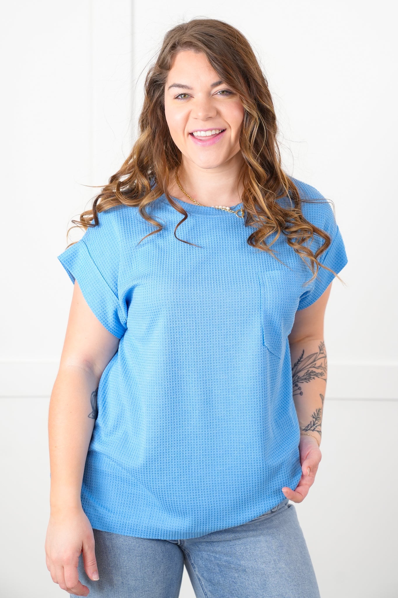 Door Buster! Plus/Reg Waffle Knit Short Dolman Sleeve Round Neck Top