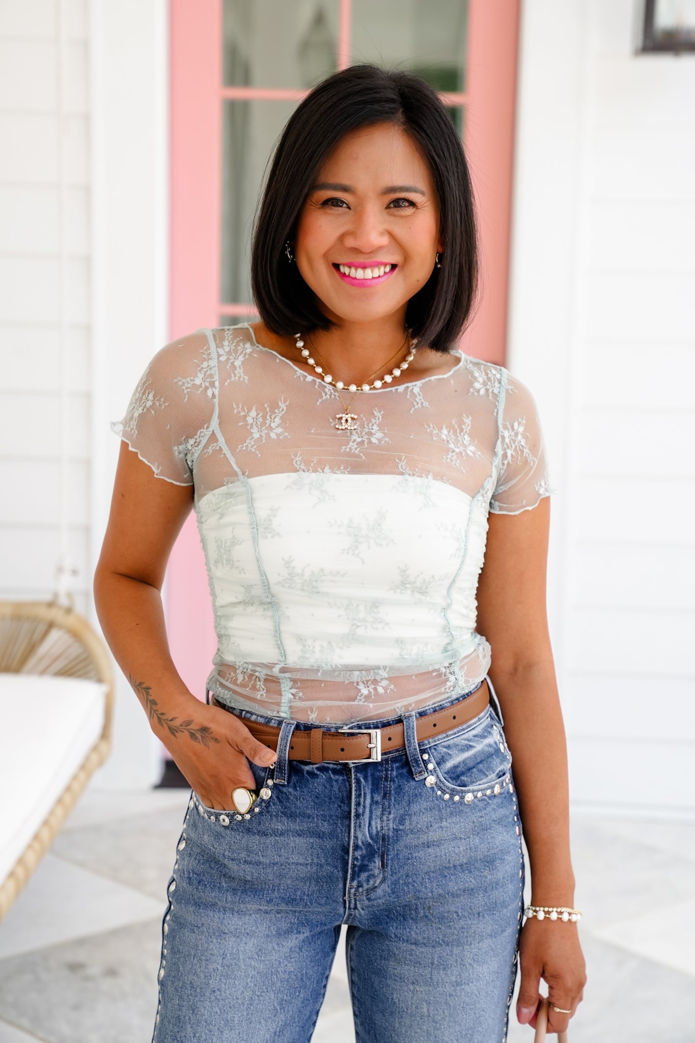 Floral Mesh Short Sleeve Top with Ruching Detail