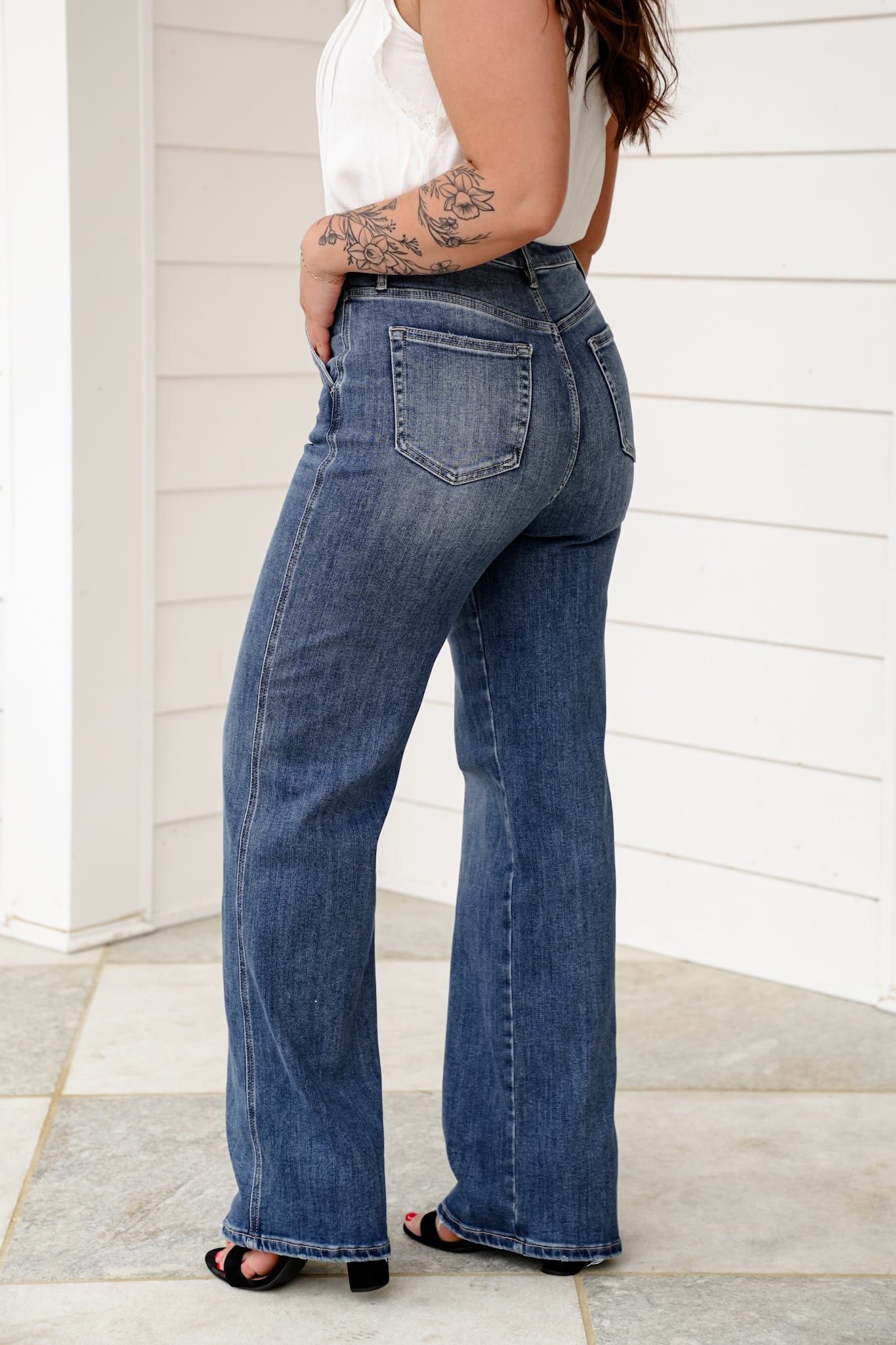 Mica High Rise Medium Wash Cuffed Wide Leg Jeans with Hidden Button Fly