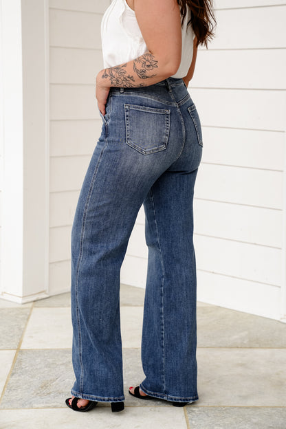 Mica High Rise Medium Wash Cuffed Wide Leg Jeans with Hidden Button Fly