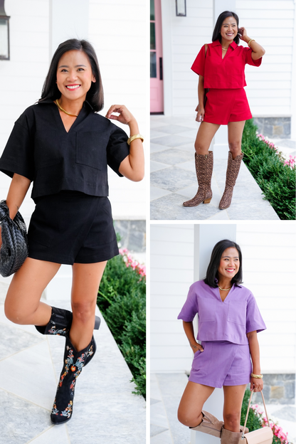 Short Sleeve V Neck Top and Skort Set