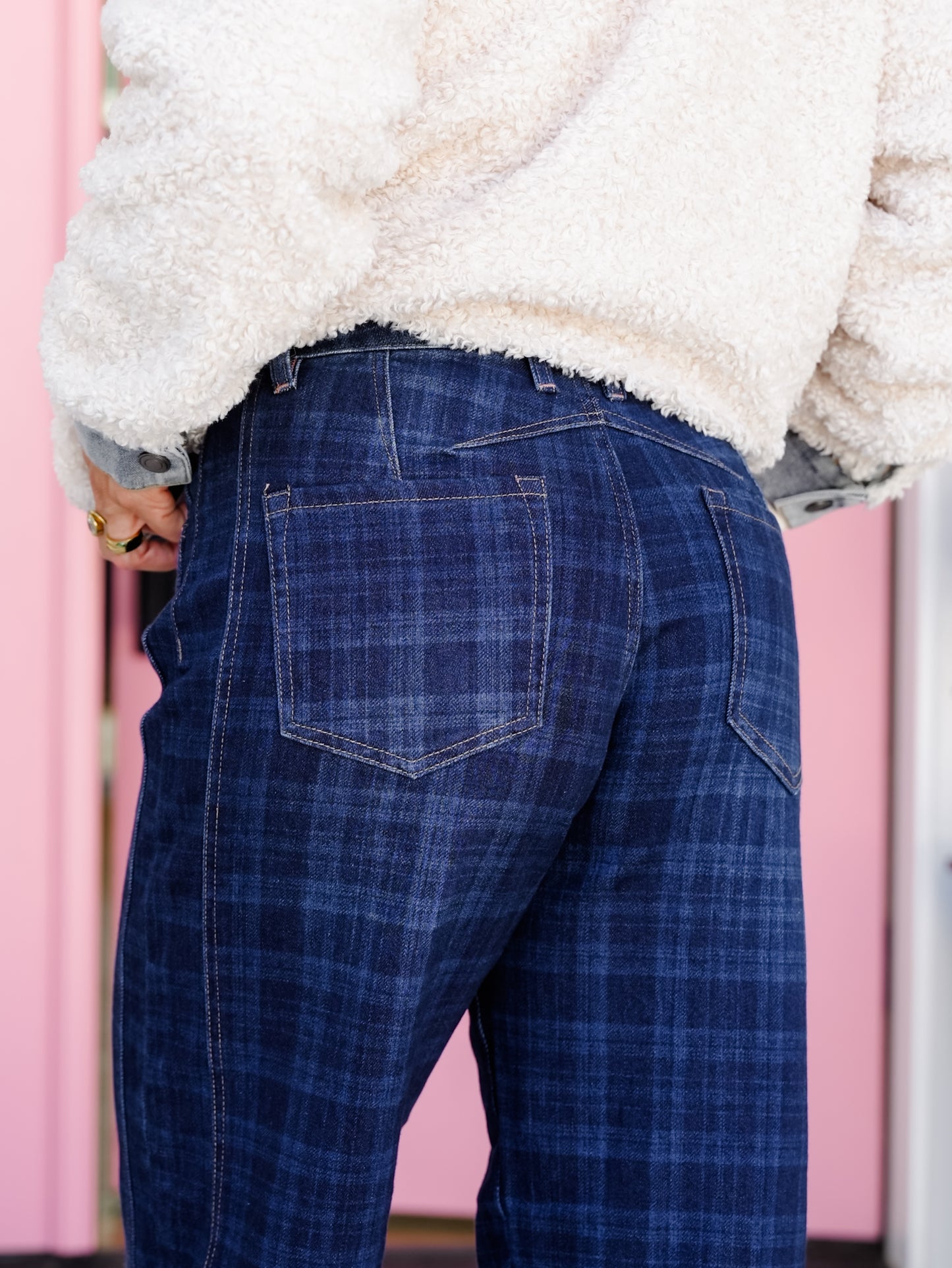 Risen High Rise Dark Plaid Slouchy Cuffed Barrel Jeans