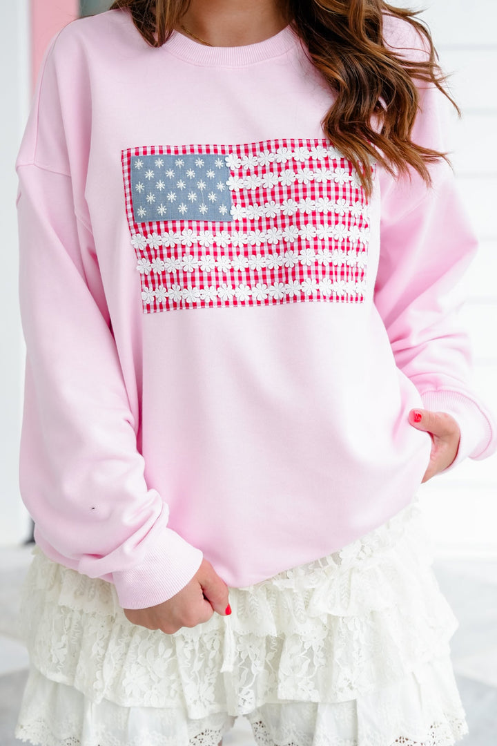 Pink Long Sleeve Floral American Flag Pullover Sweatshirt