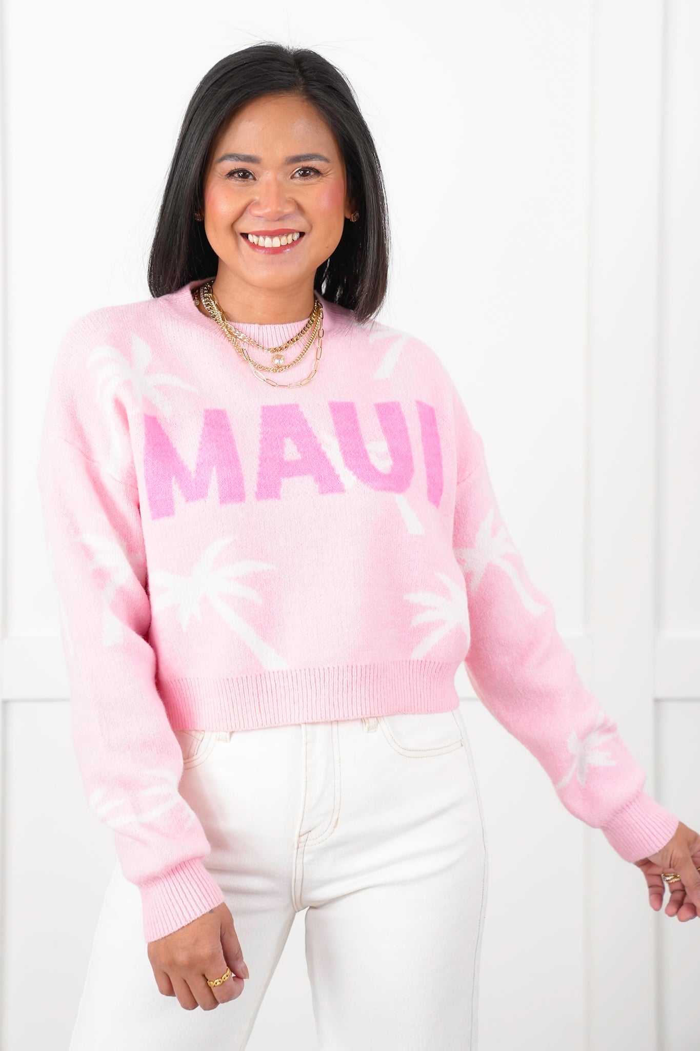 Pink Long Sleeve "Maui" Print Pullover Sweater